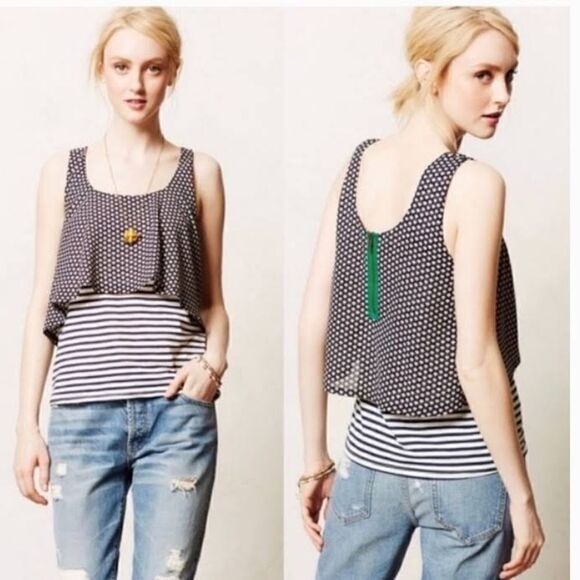Anthropologie Meadow Rue Striped and Floral tank top Large Yellow Blue - Picture 1 of 6